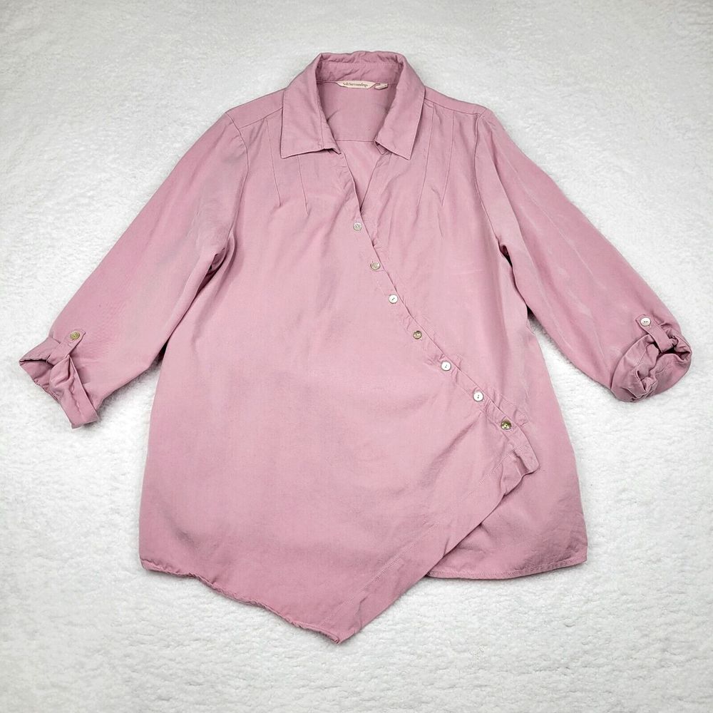 Soft Surroundings Shirt Womens PXL Pink Wrap Pearl Button Up Long Sleeve V Neck